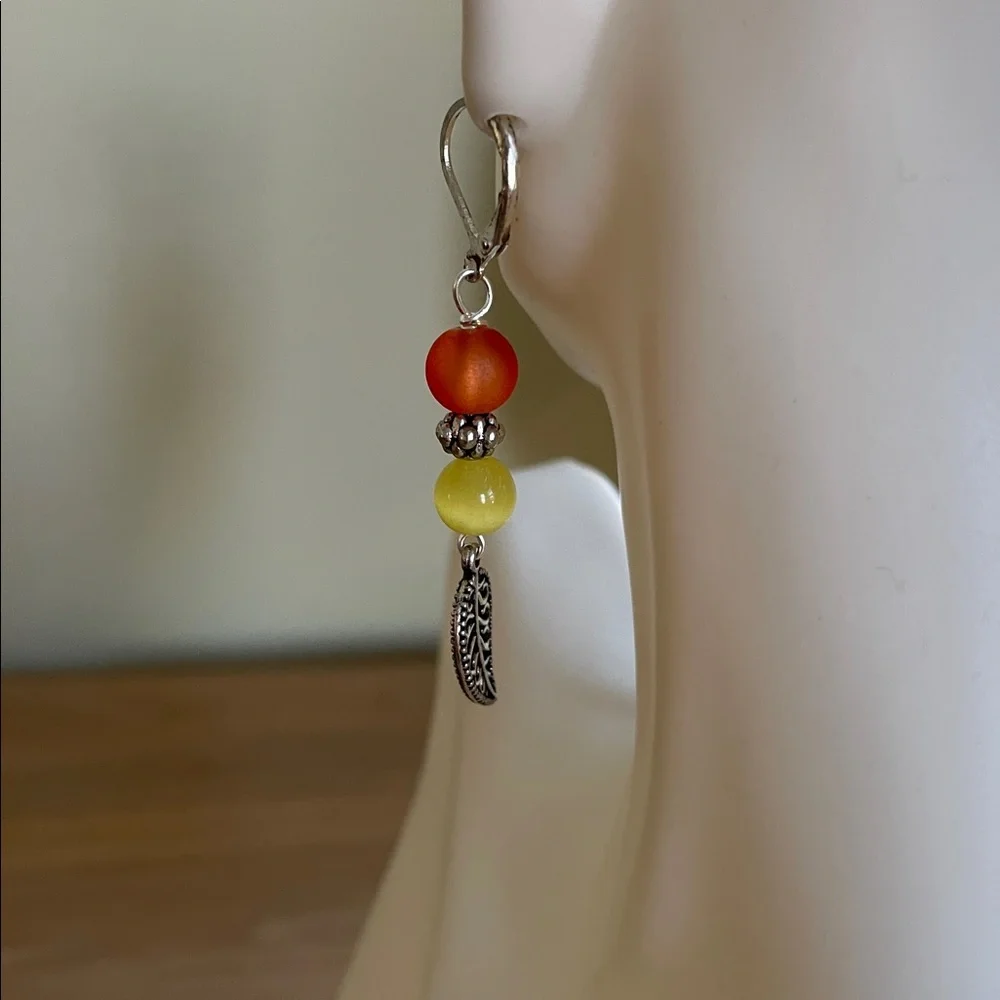 HAND CRAFTED BEAD & LEAF DANGLE EARRINGS Orange Yellow Fall Fashion Jewelry